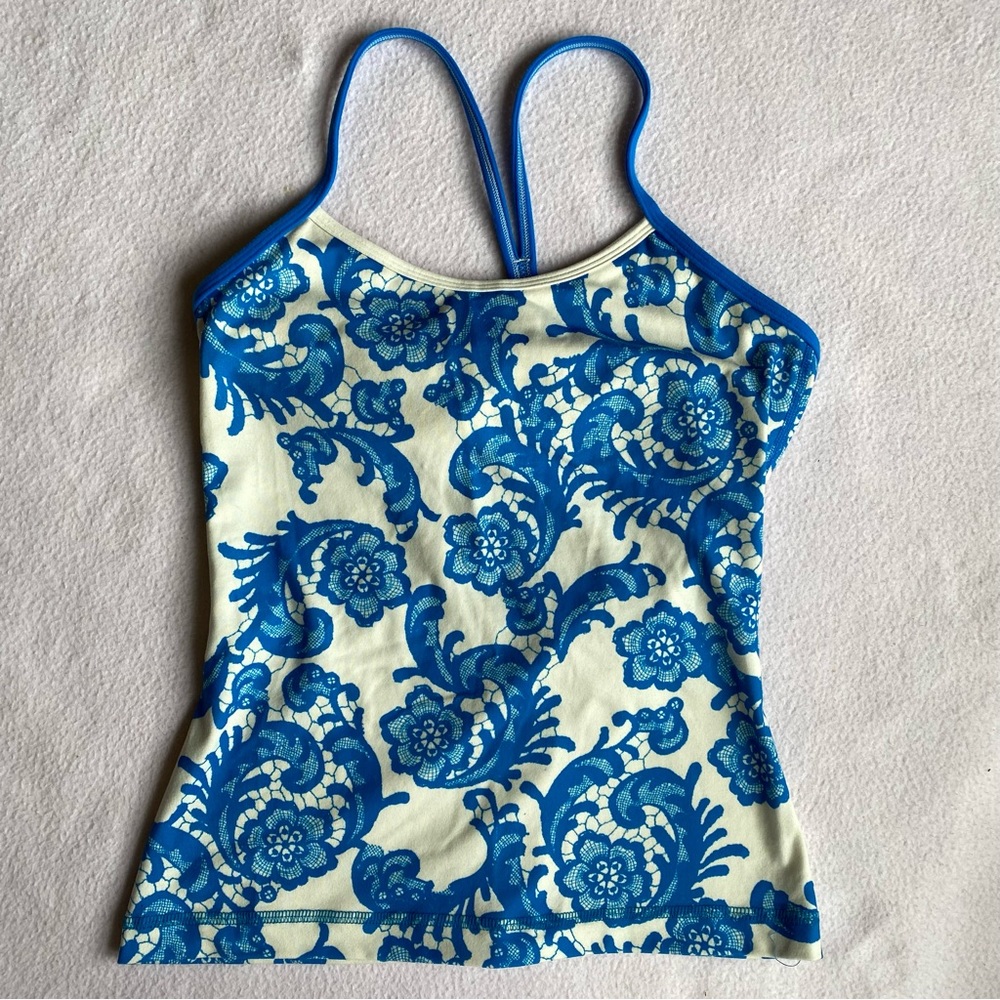 Lululemon Power Y Tank Blue & White Floral Luon Size 6
